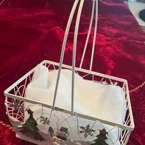 White Metal Holiday Basket with Snowman Design